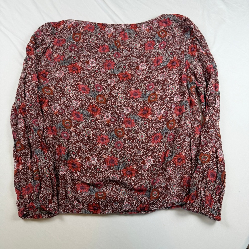Lucky Brand Women Burgundy Red Floral Henley Peasant Blouse Long Sleeve Small - Picture 8 of 8